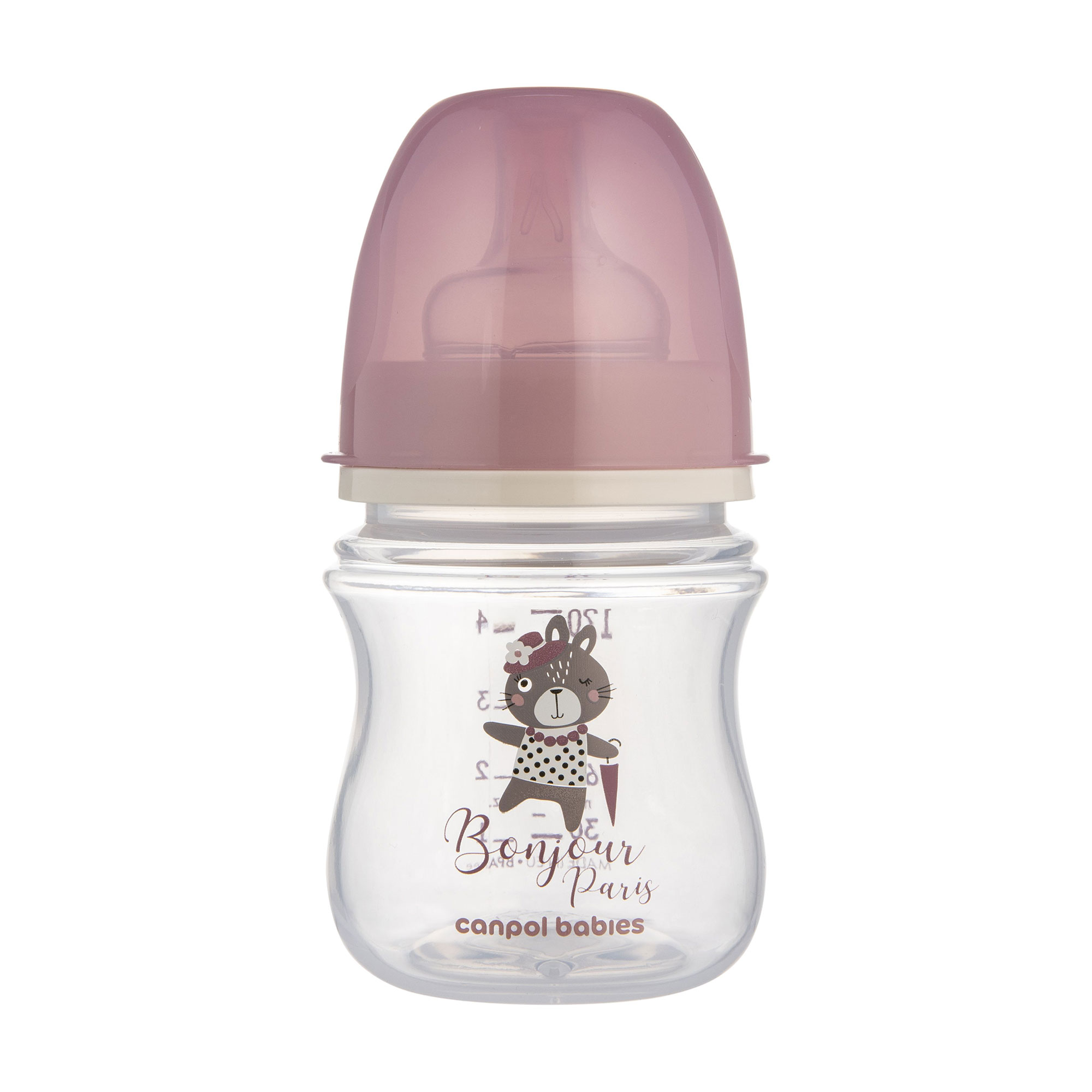Антиколькова пляшечка для годування Canpol Babies PP Easystart Bonjour Paris з широким отвором, рожева, від народження, 120 мл (35/231_pin)